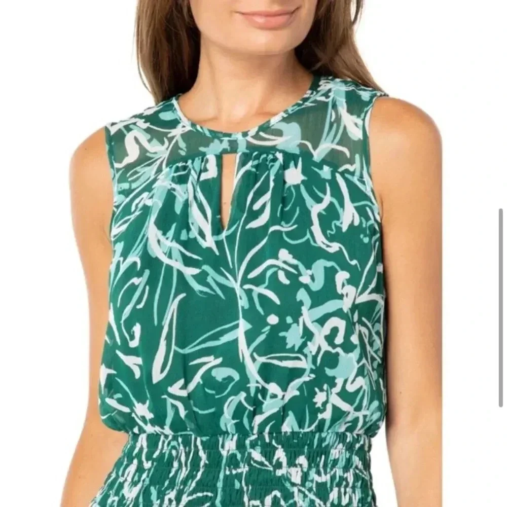 NWT London Times Sleeveless Smocked Hip Yoke Mini Dress in Green/Aqua 8 - Picture 4 of 14